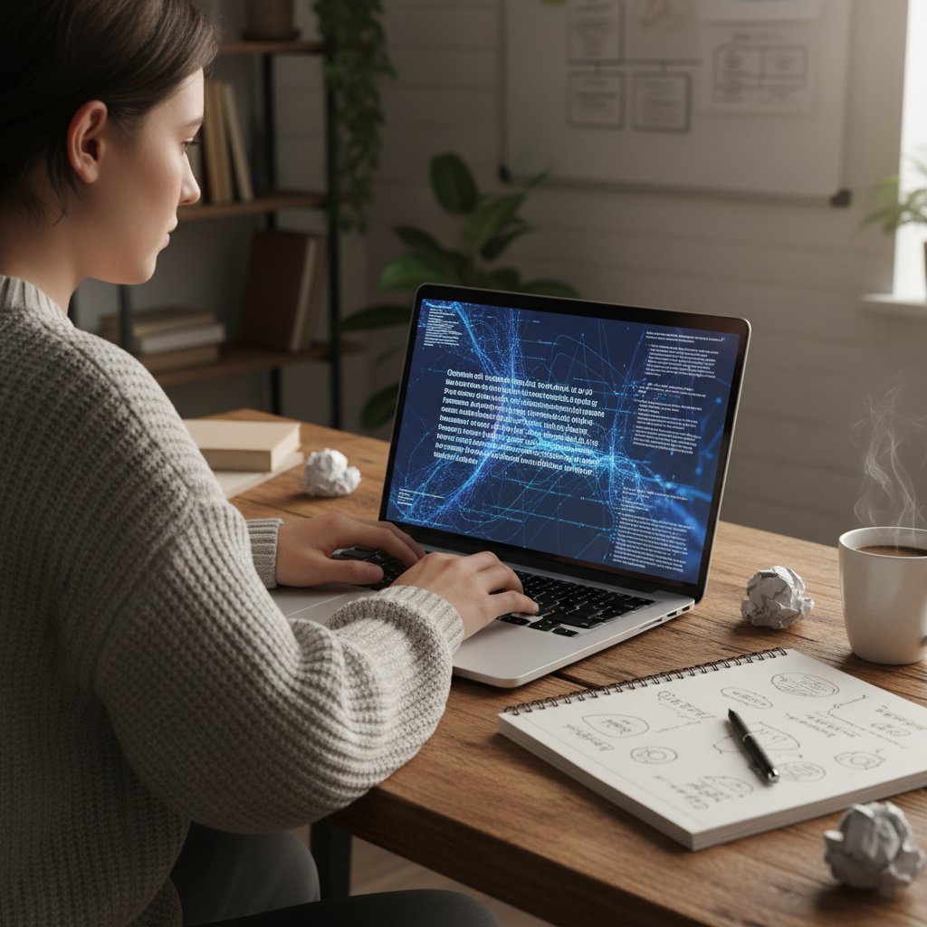 Osoba pisząca na laptopie z wyświetlonym tekstem AI