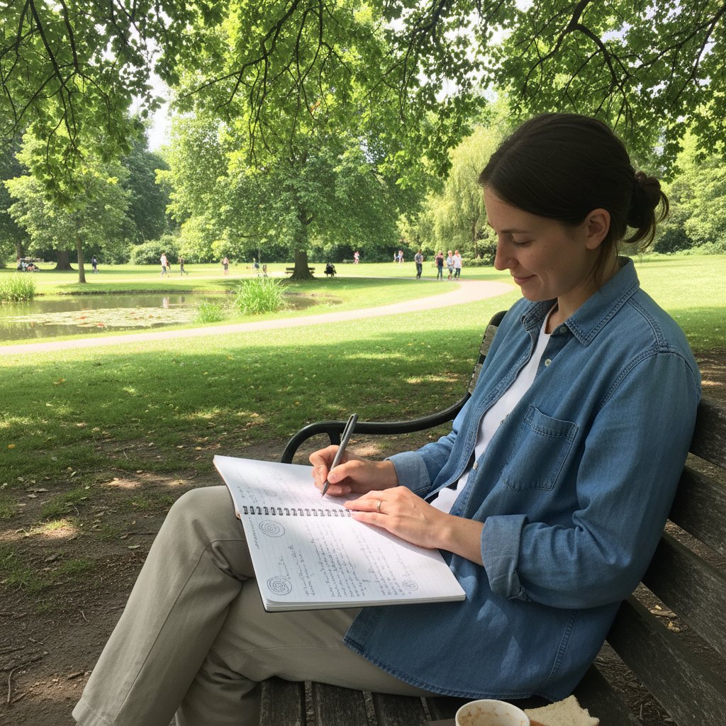 Osoba siedząca na trawie, zapisująca myśli w papierowym dzienniku, relaksując się w parku