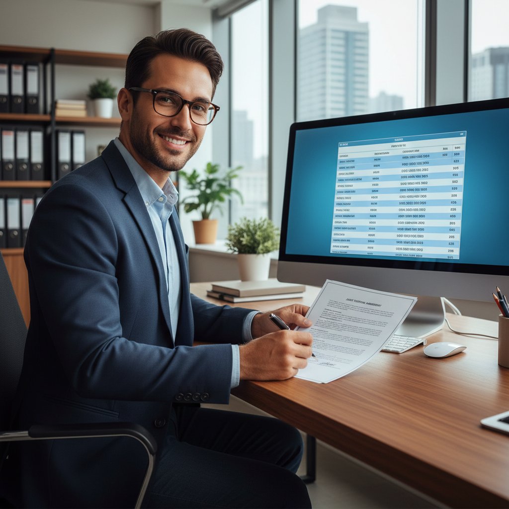 Osoba siedzi przy biurku, pisząc własną umowę z uśmiechem, otwarte kody PKD na ekranie