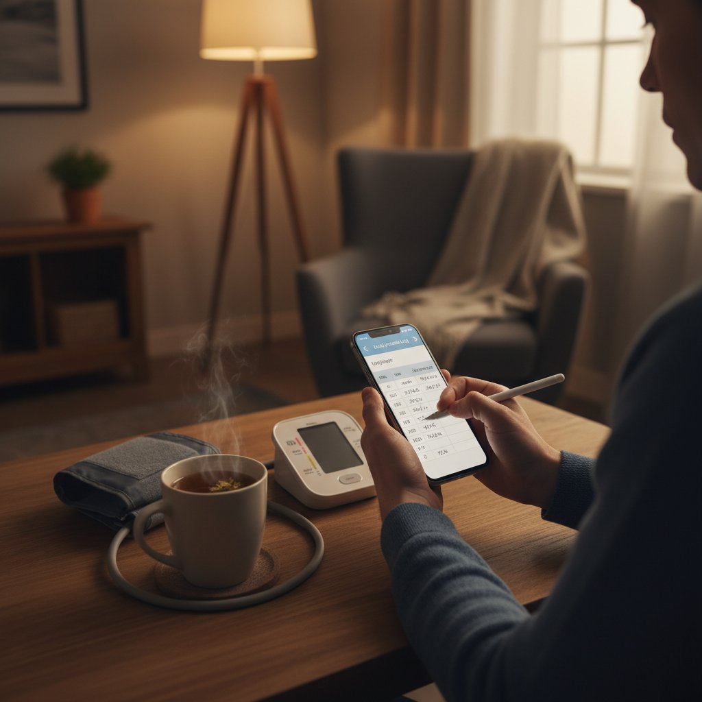 Osoba zapisująca wyniki ciśnienia w aplikacji na smartfonie, stół, dom, wieczór