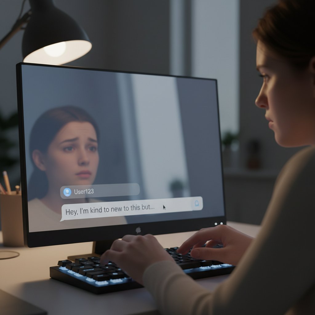 Osoba pisząca pierwszą wiadomość na komunikatorze, wyraźnie zaciekawiona, ciepła atmosfera