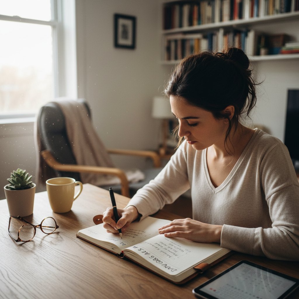 Osoba planująca dzień przy biurku z kartką celów – codzienna teleologia w działaniu