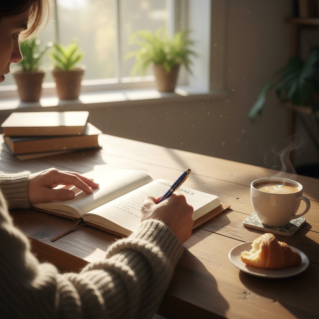 Osoba zapisująca cele dnia w notatniku przy kawie