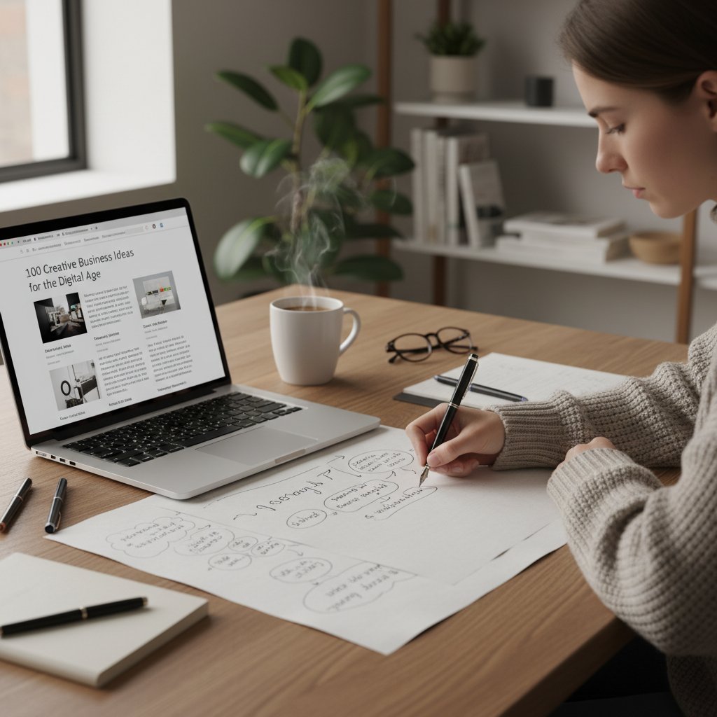 Osoba notująca pomysły na kartce, obok laptop z otwartym artykułem o inspiracji online - od konsumpcji do kreacji