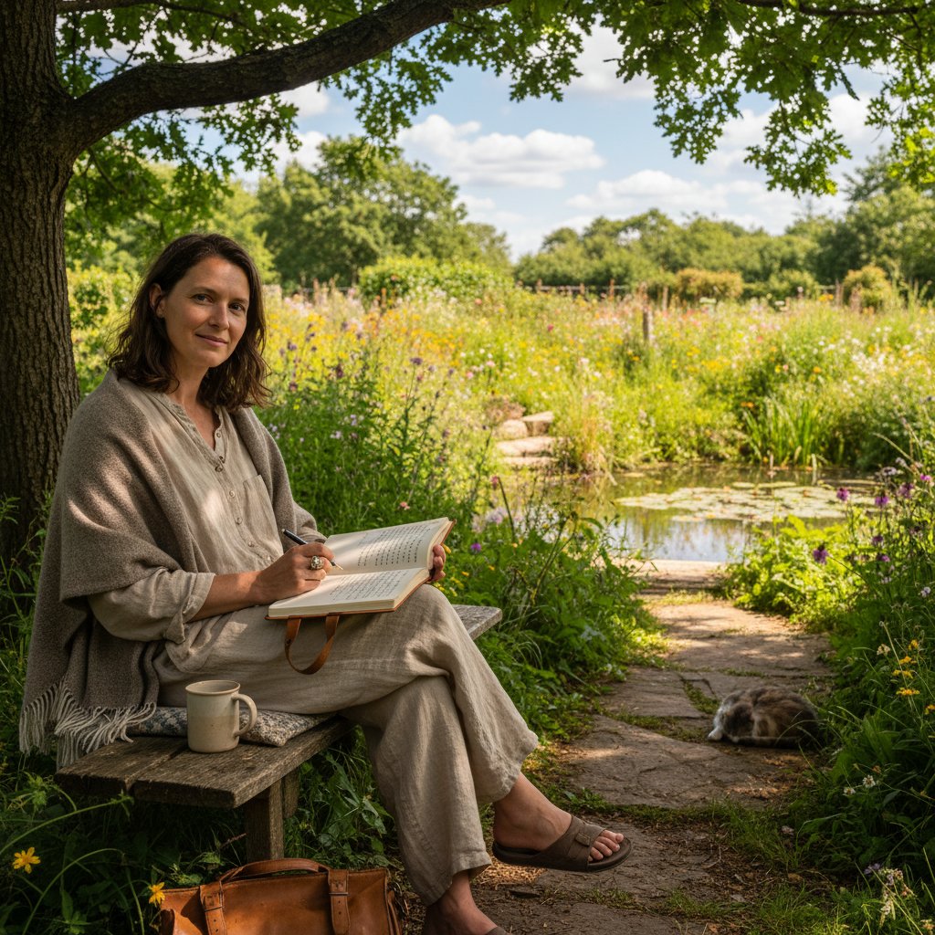 Osoba pisząca dziennik w spokojnej scenerii, symbol codziennych strategii odidealizowania.