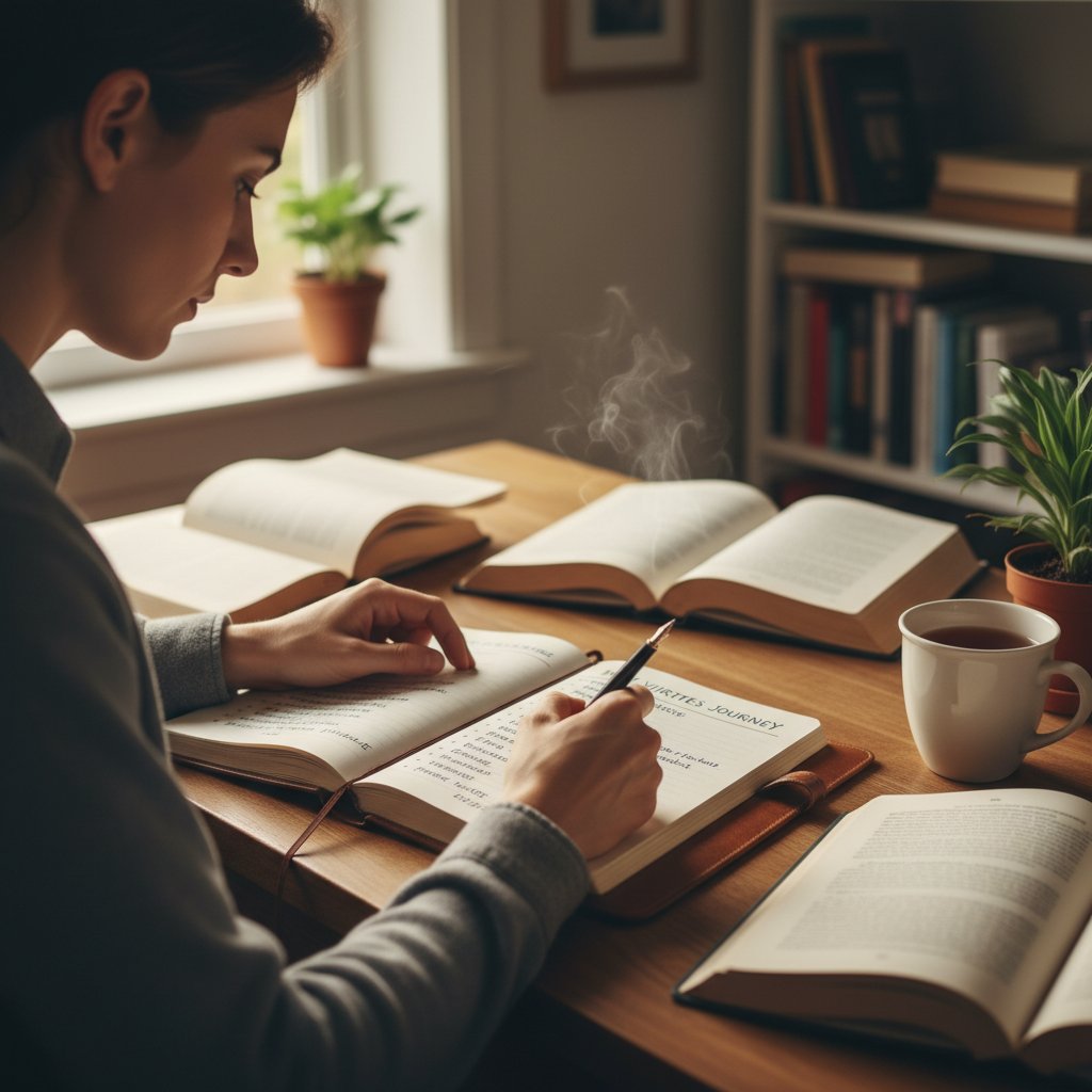 Osoba pisząca notatki w dzienniku rozwoju osobistego – symbol autodiagnozy cnót