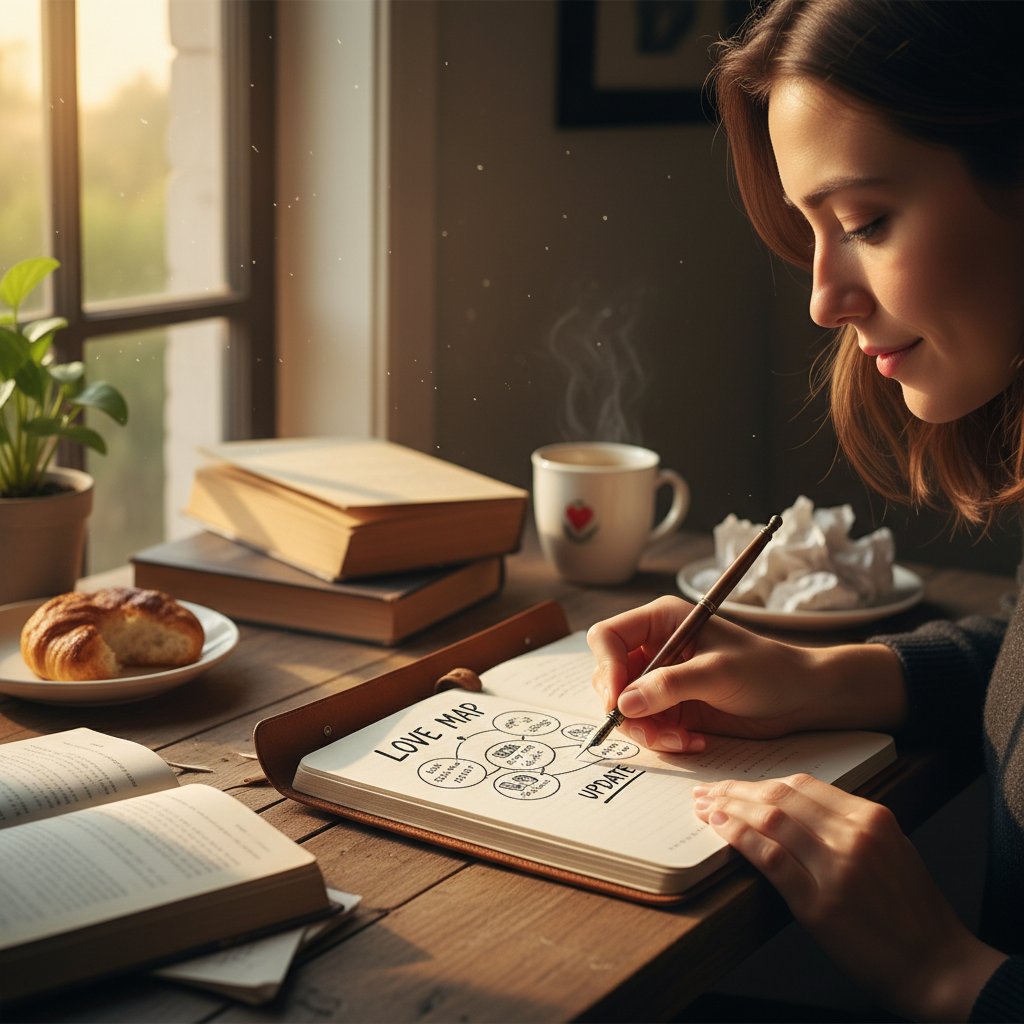 Zdjęcie osoby piszącej dziennik, symbolizujące proces aktualizacji mapy miłości