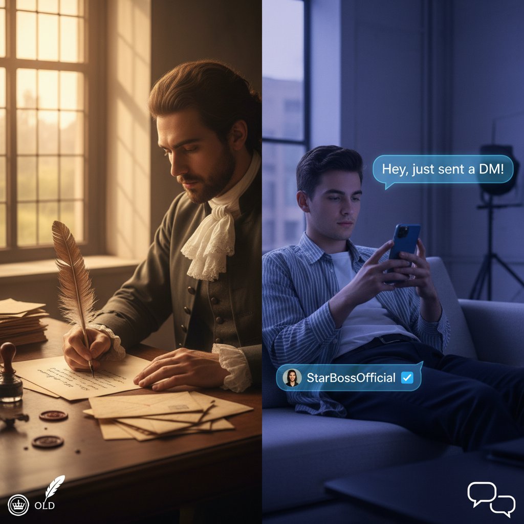 Młoda osoba wysyłająca list tradycyjny i pisząca DM na telefonie, zestawienie dwóch światów kontaktu z gwiazdą