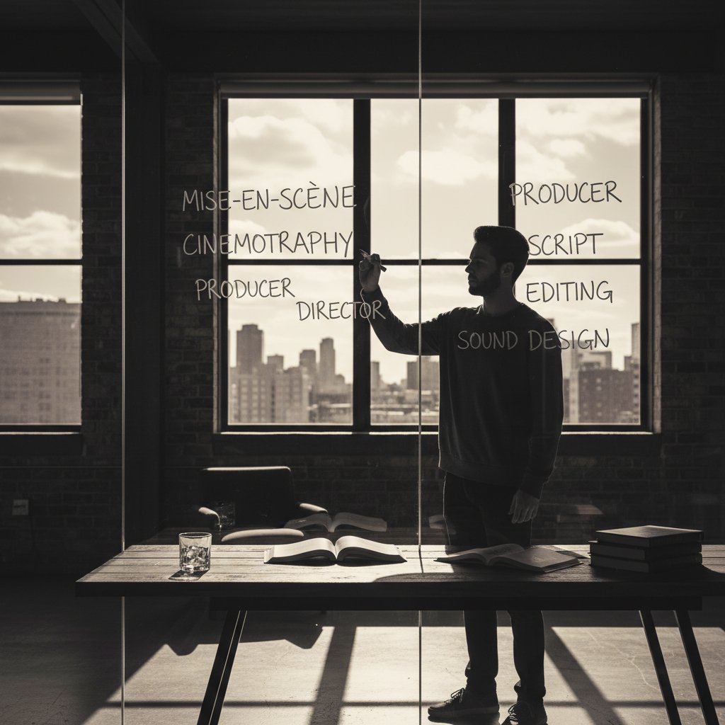 Infographic-style photo: person writing movie terms on clear glass, modern loft, high contrast, illustrating movie perspective cinema vocabulary