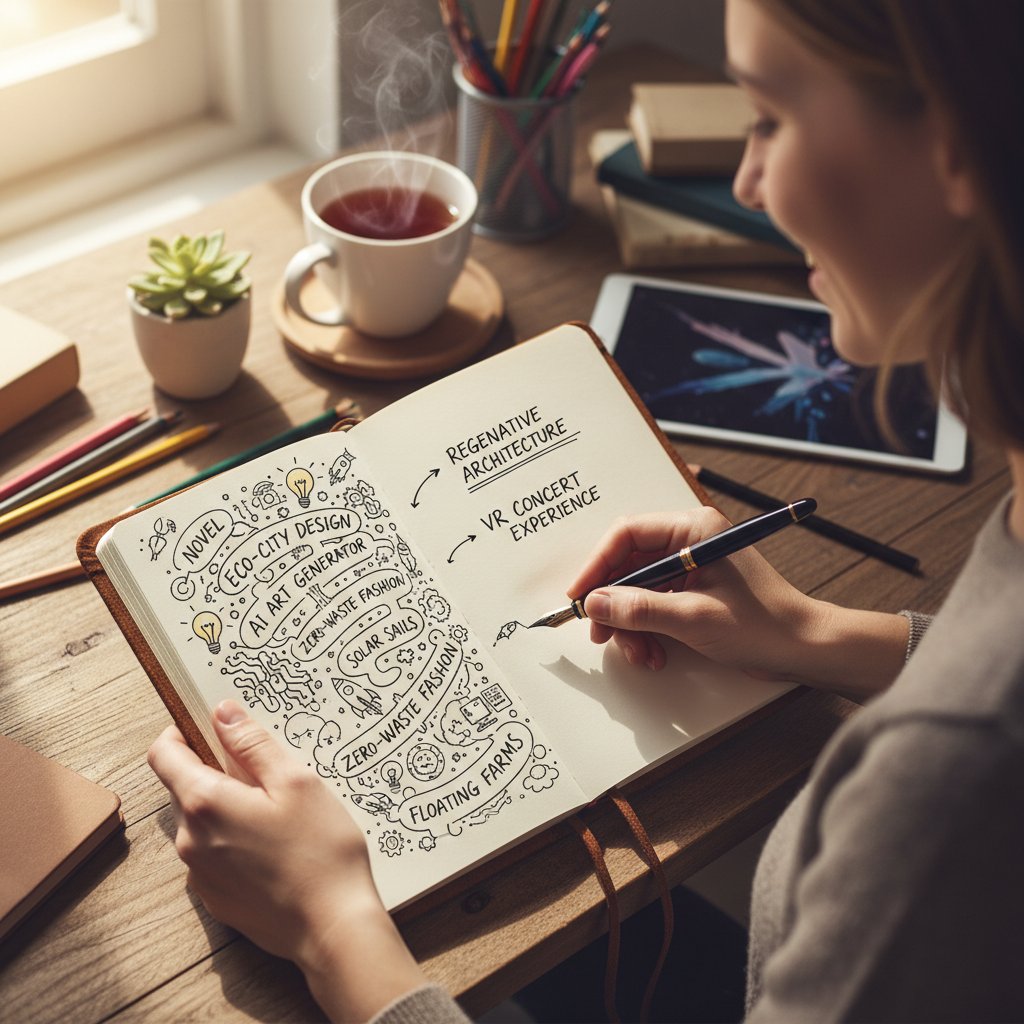 Zdjęcie osoby siedzącej z notatnikiem, rysującej kreatywne rozwiązania symbolizujące odporność psychiczną