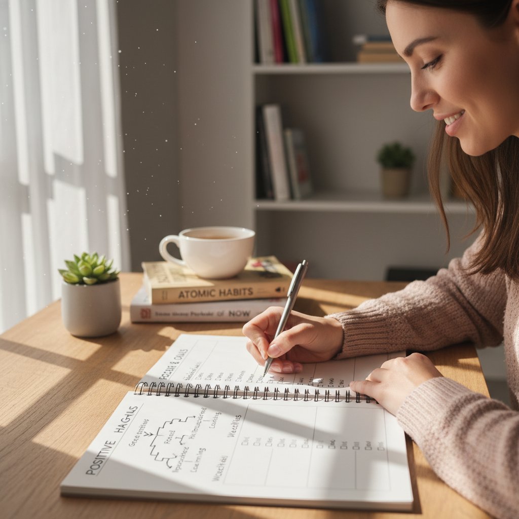 Osoba z notesem i długopisem, planująca dzień – checklisty, rytuały zmiany myślenia
