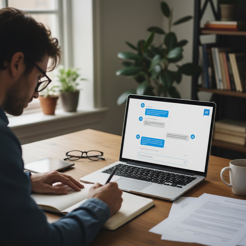 Osoba robiąca notatki przy laptopie z otwartym czatem AI