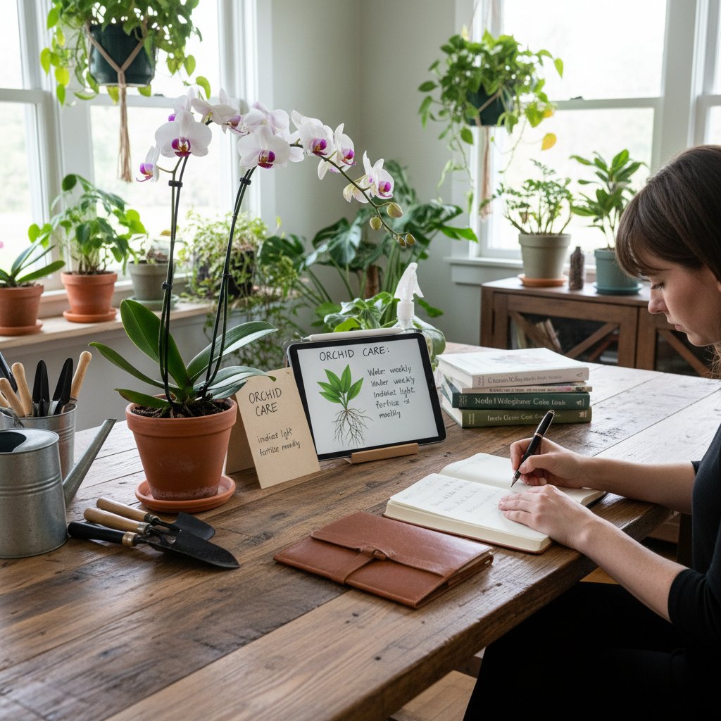 Osoba z notatnikiem obserwująca storczyka, plan działania
