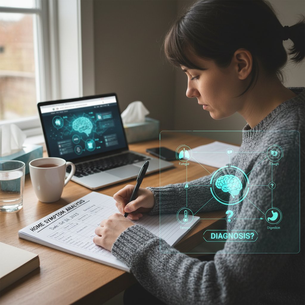 Osoba w domowym zaciszu notująca objawy na kartce, pokazująca bezpieczną analizę symptomów