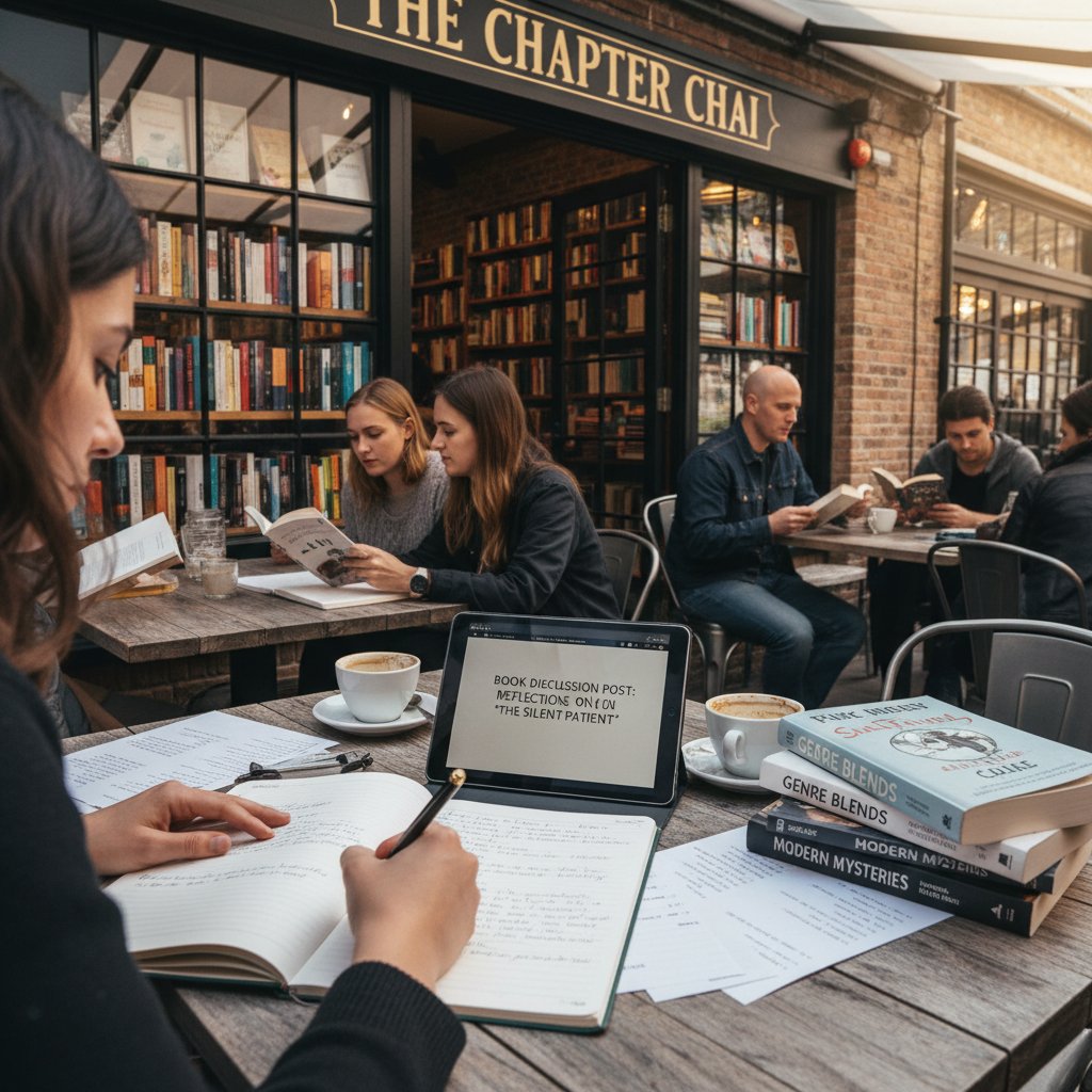 Osoba pisząca post o książce na laptopie w kawiarni