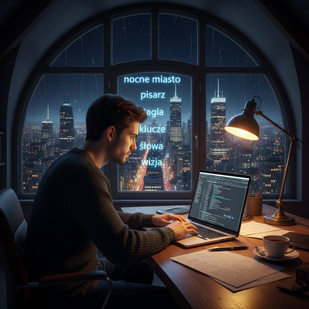 Osoba pisząca prompt na laptopie, na ekranie widoczne polskie słowa kluczowe do chatgpt, klimat nocnego miasta
