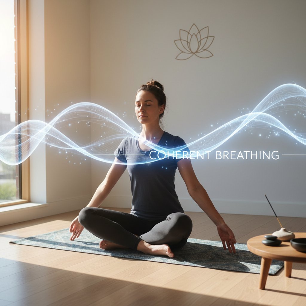 Osoba siedząca na macie do jogi, praktykująca oddech koherentny podczas rozciągania