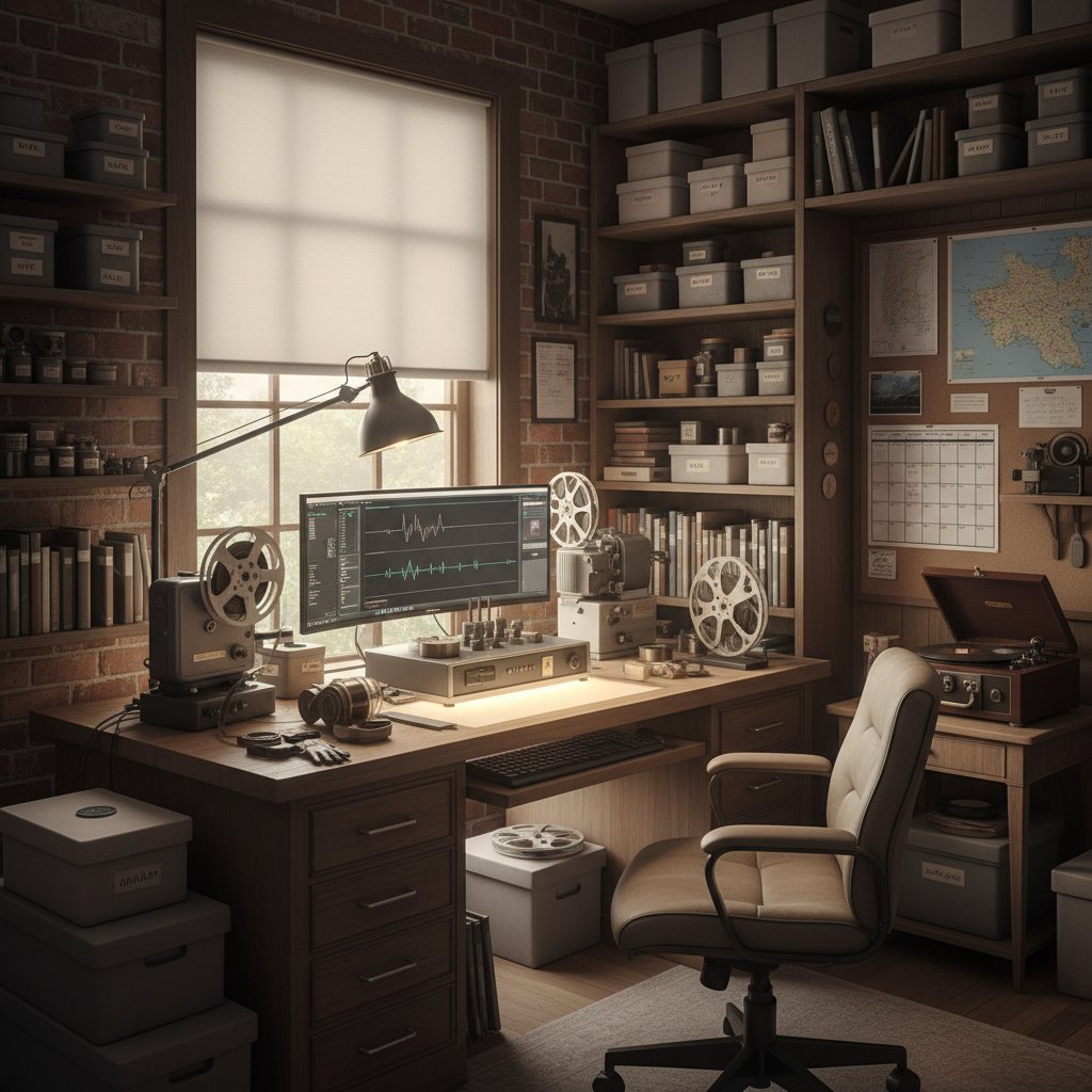 Personal film archiving workspace at home.