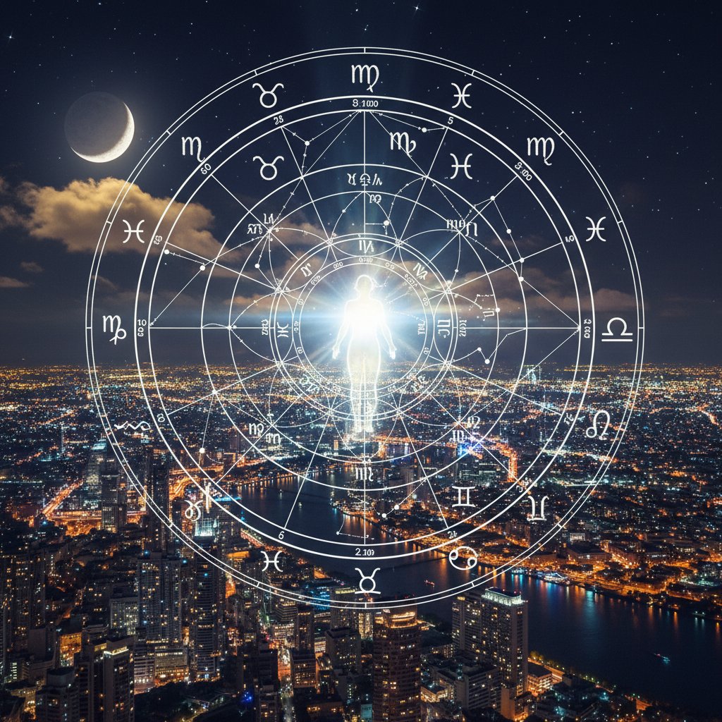 Osoba analizująca wykres urodzeniowy na laptopie z widokiem na miasto nocą