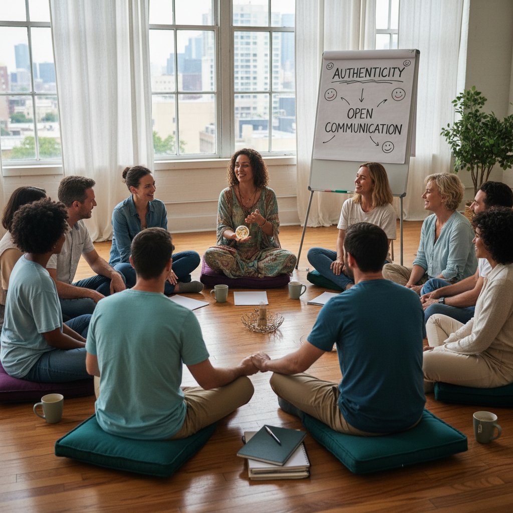 Grupa osób podczas warsztatu rozwojowego, wspólna praca, autentyczność, otwarta komunikacja