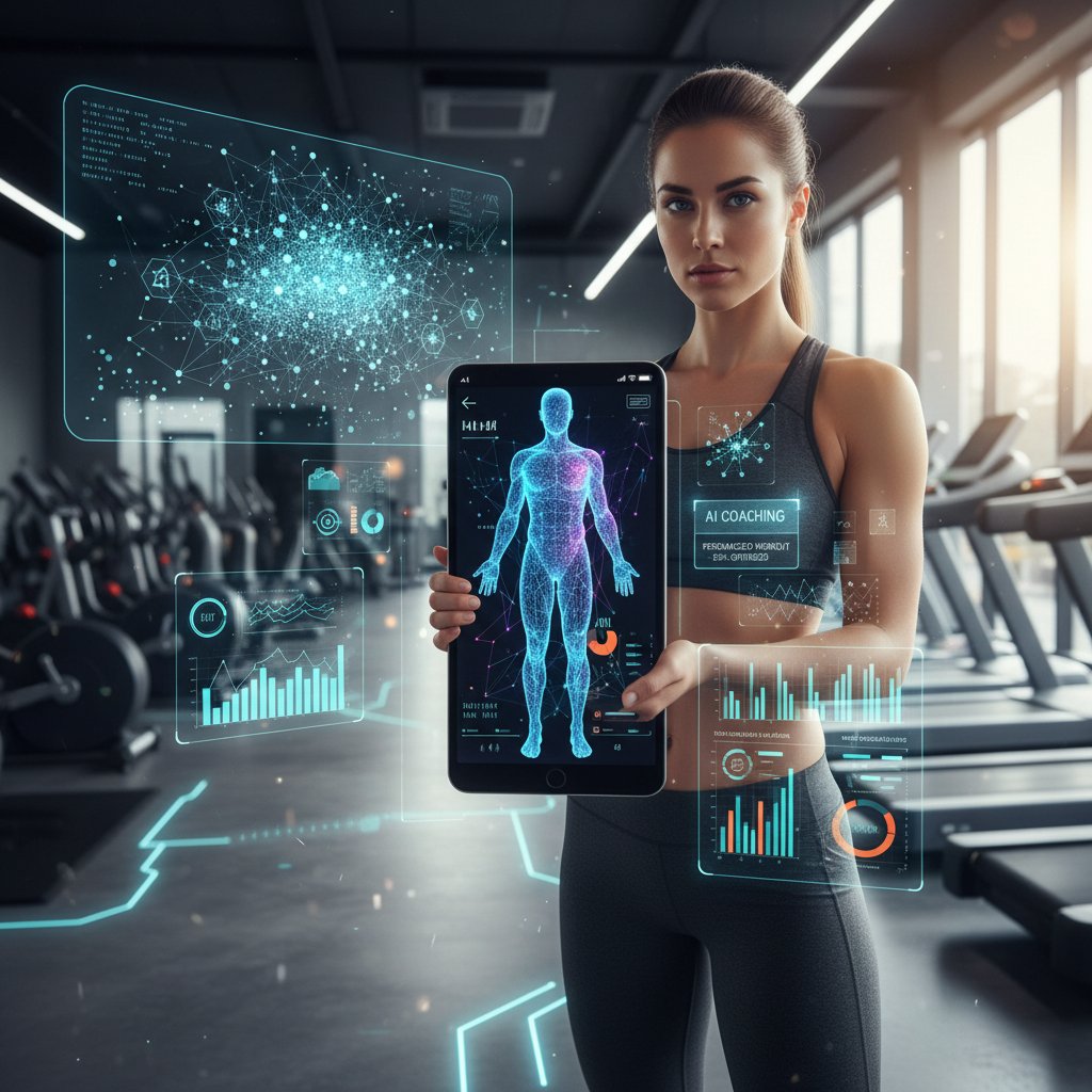 Trener personalny korzystający z aplikacji AI, ekran z analizą danych i wykresami