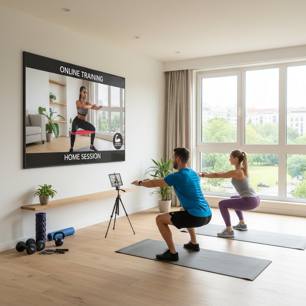 Sesja treningowa online, trener personalny prowadzi klienta przez laptop w domowym wnętrzu