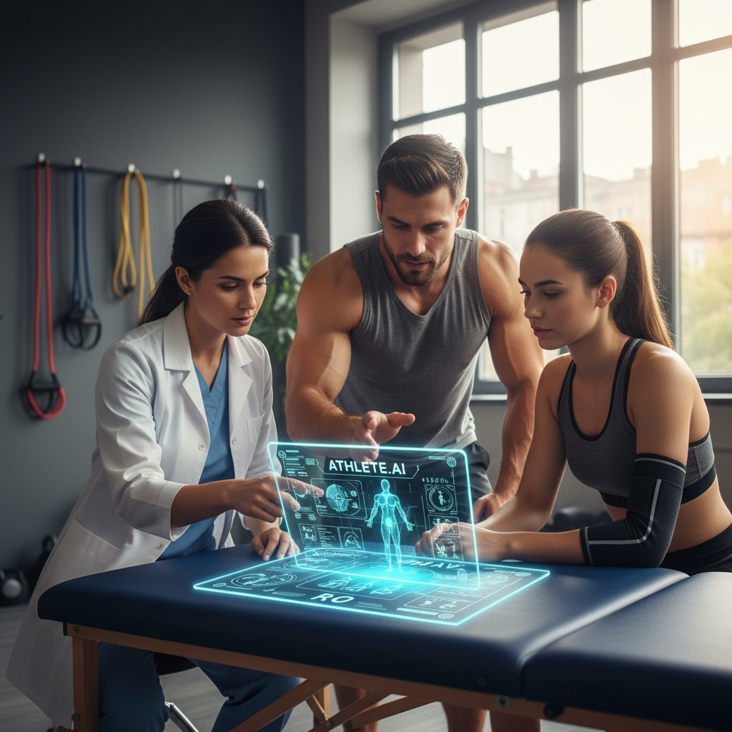 Trener personalny, fizjoterapeuta i sportowiec analizują dane z aplikacji AI na tablecie