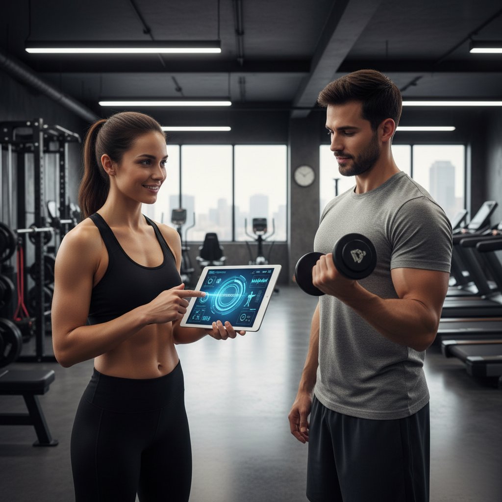 Trener z tabletem analizując dane klienta, AI jako wsparcie technologiczne w tle, nowoczesna siłownia