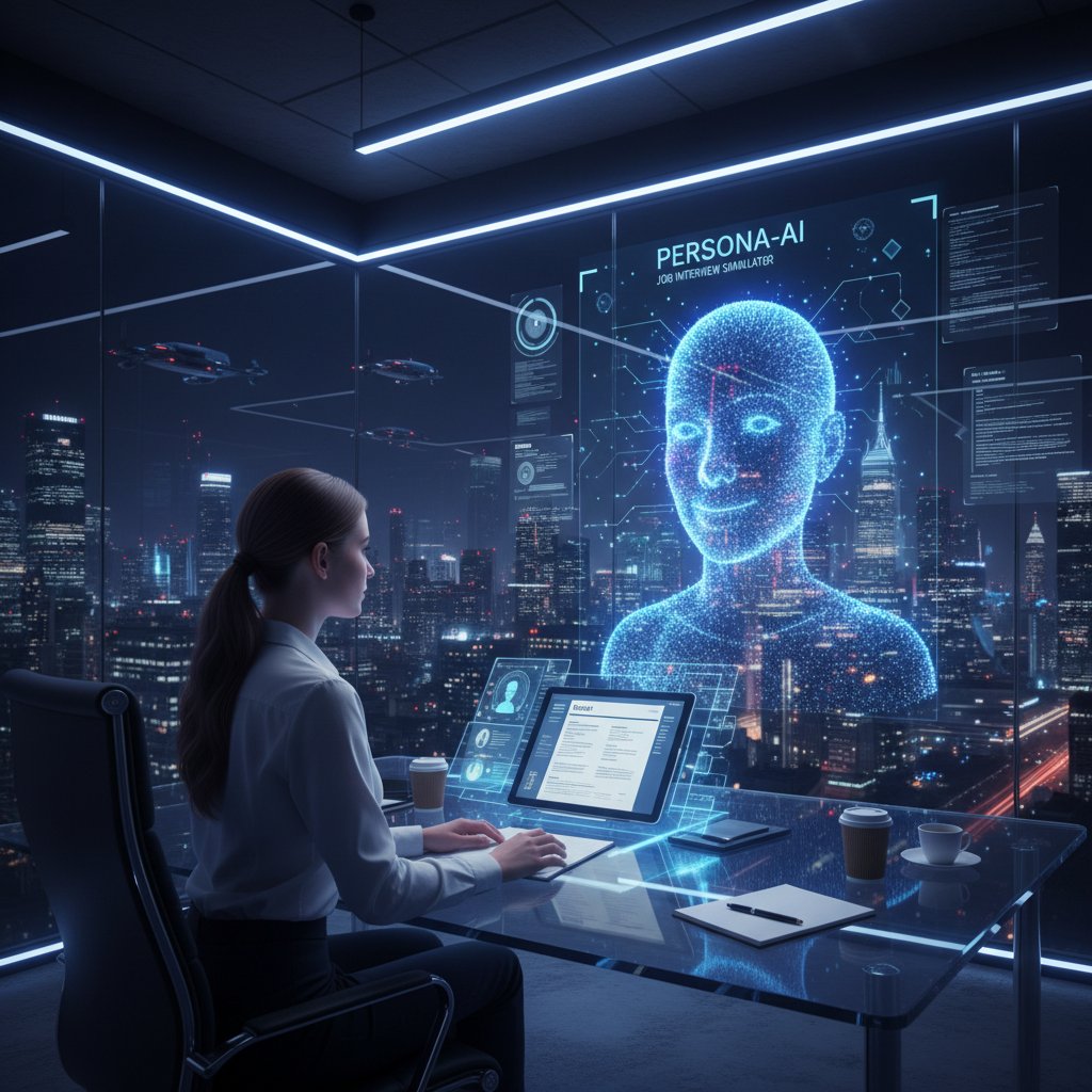 Kandydat siedzi wieczorem przy biurku, personalizuje prompt w laptopie, w tle miasto, atmosfera skupienia