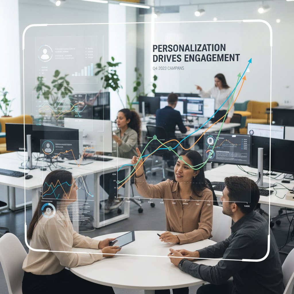Zespół analizujący dane personalizacji, zaangażowanie, wykresy wzrostu na ekranie