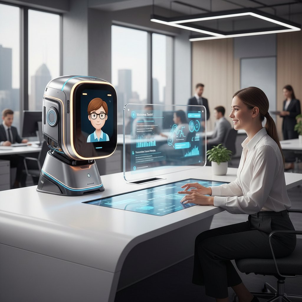 Spersonalizowany bot AI w interakcji z klientem, scena biurowa