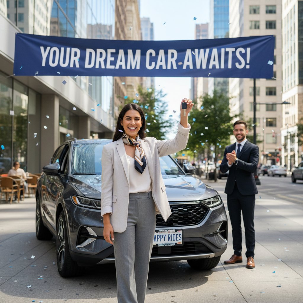 Happy car buyer receiving personalized vehicle recommendations, daylit urban setting