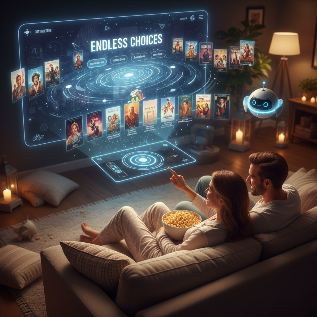 A person in a dim living room, overwhelmed by endless movie choices on a glowing television screen, representing decision fatigue