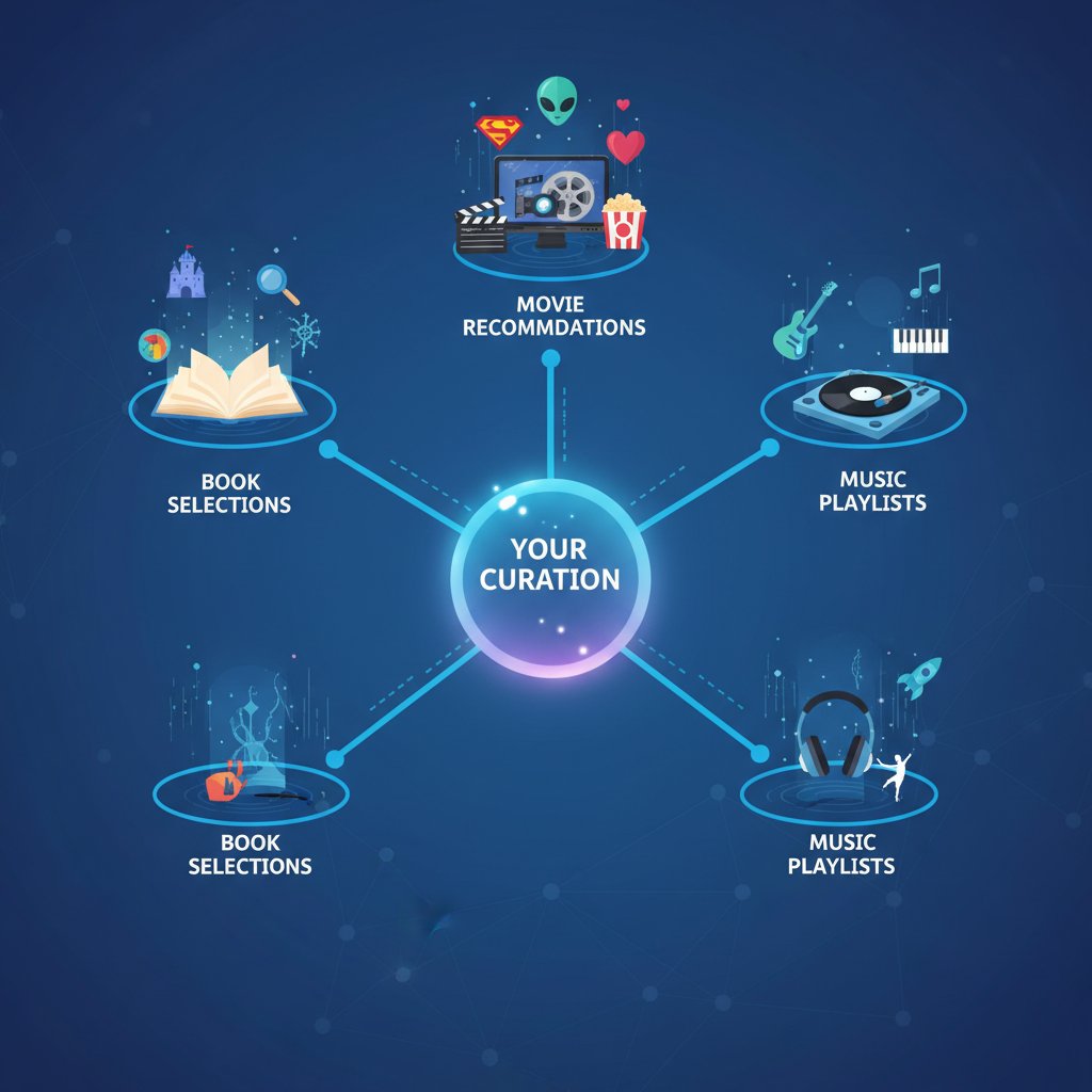 Person surrounded by books, vinyl records, and movie posters, visualizing cross-media personalized curation