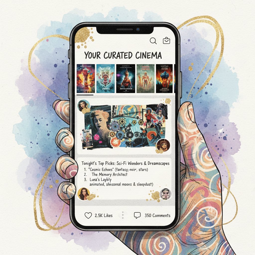 Personalized movie list on social media, close-up of a smartphone feed with curated movie lists, artistic, high-contrast