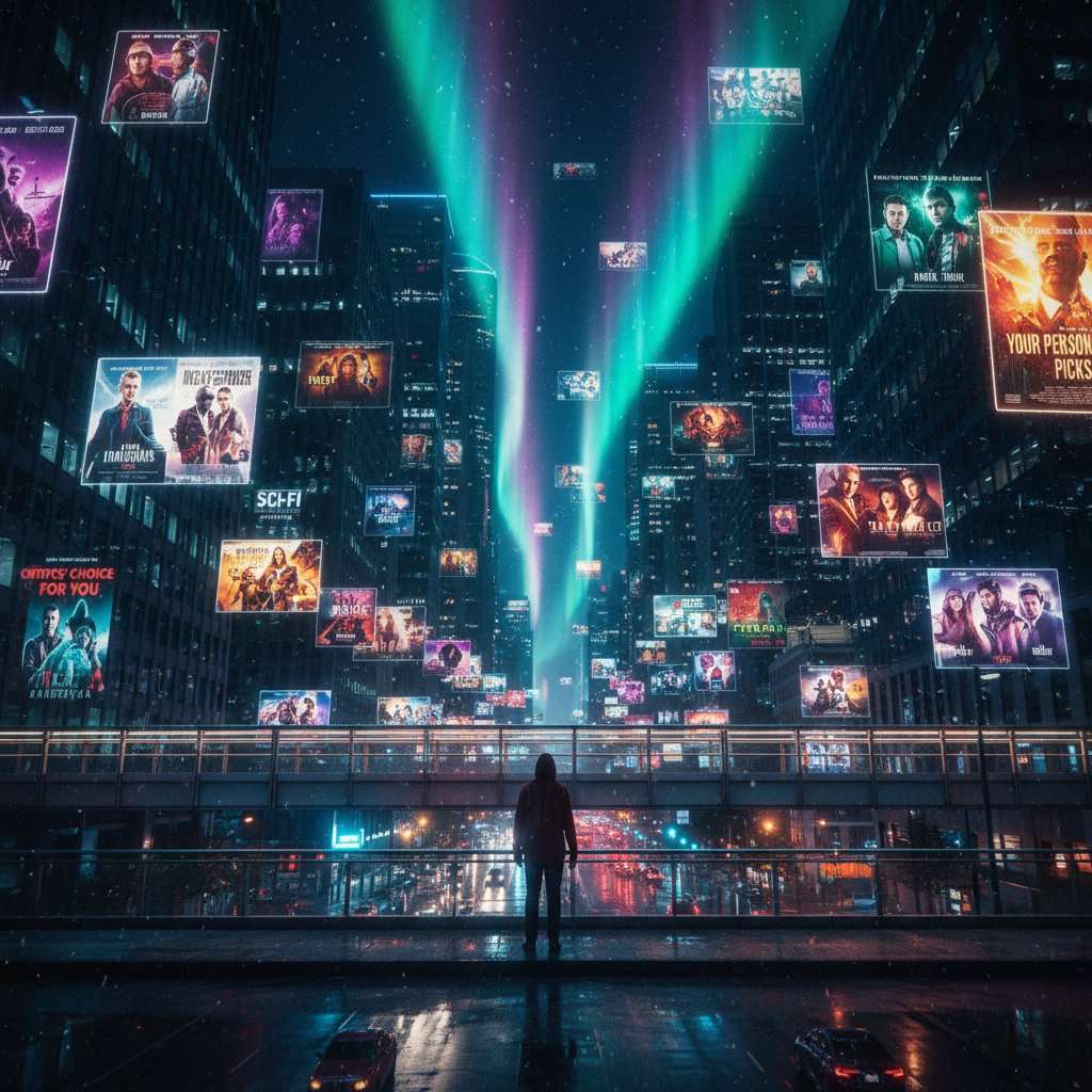 A thoughtful person illuminated by the glow of a TV, surrounded by digital movie posters, urban night setting, cinematic mood, highlighting the struggle of choice overload in streaming