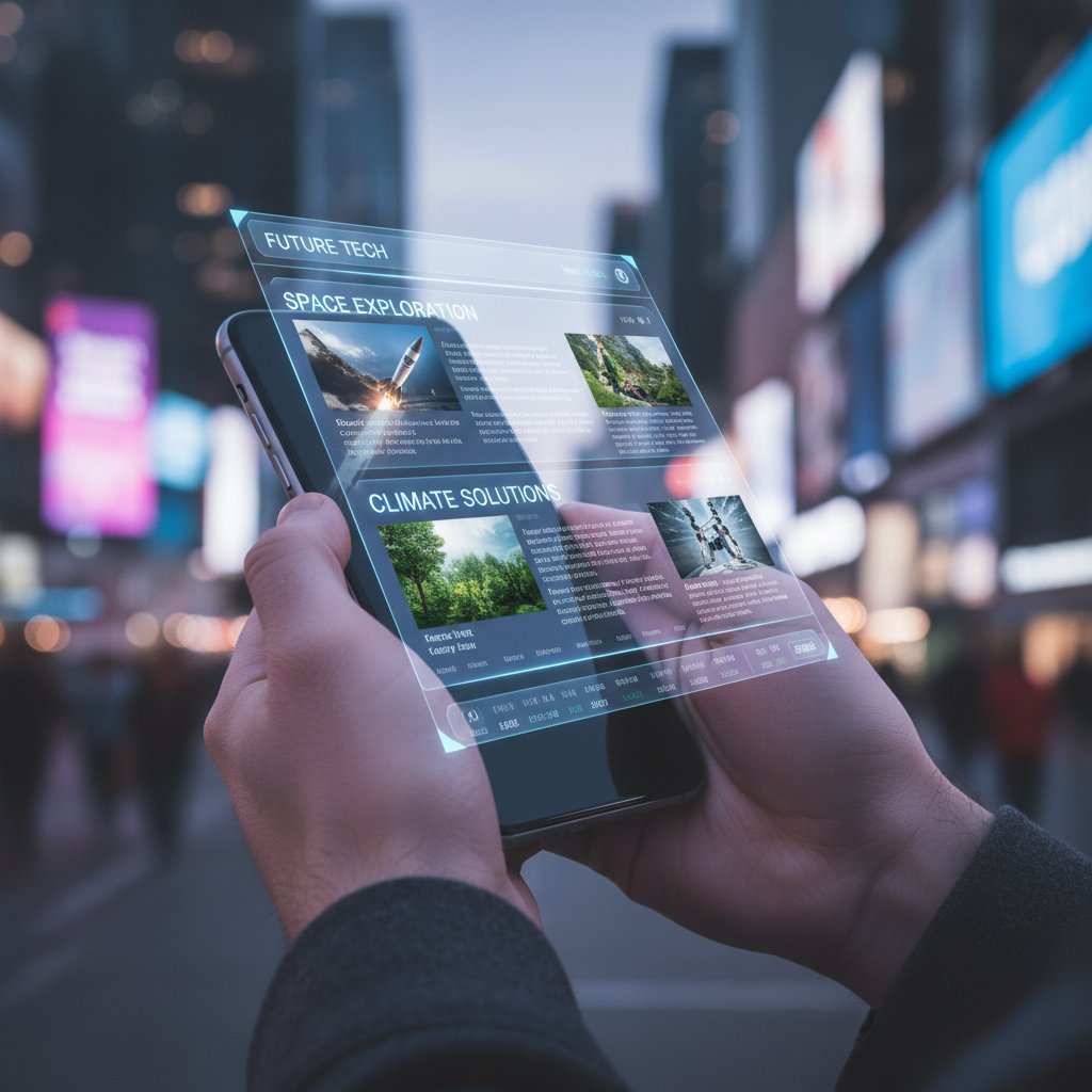 A person reading personalized news stories on their phone, surrounded by digital AI overlays and headlines