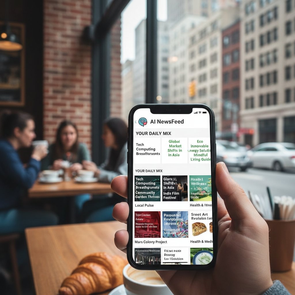 Person scrolling personalized AI-generated news feed on phone, city café, diverse headlines visible
