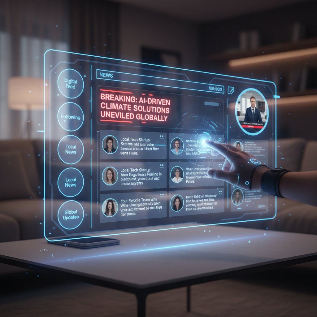 A person surrounded by digital feeds, each tailored with their interests and breaking news topics