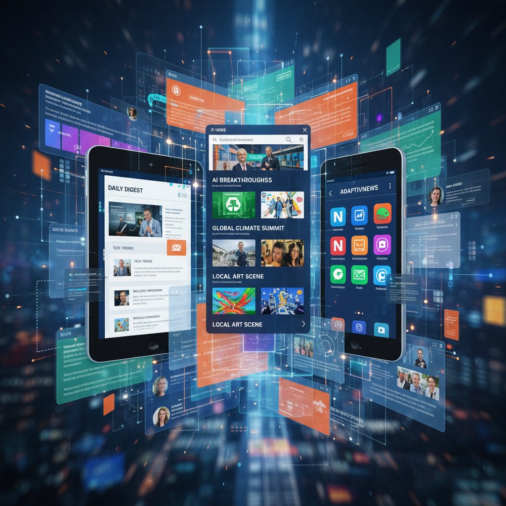 Editorial, dynamic photo montage of people using news feeds, newsletters, and mobile apps on various devices