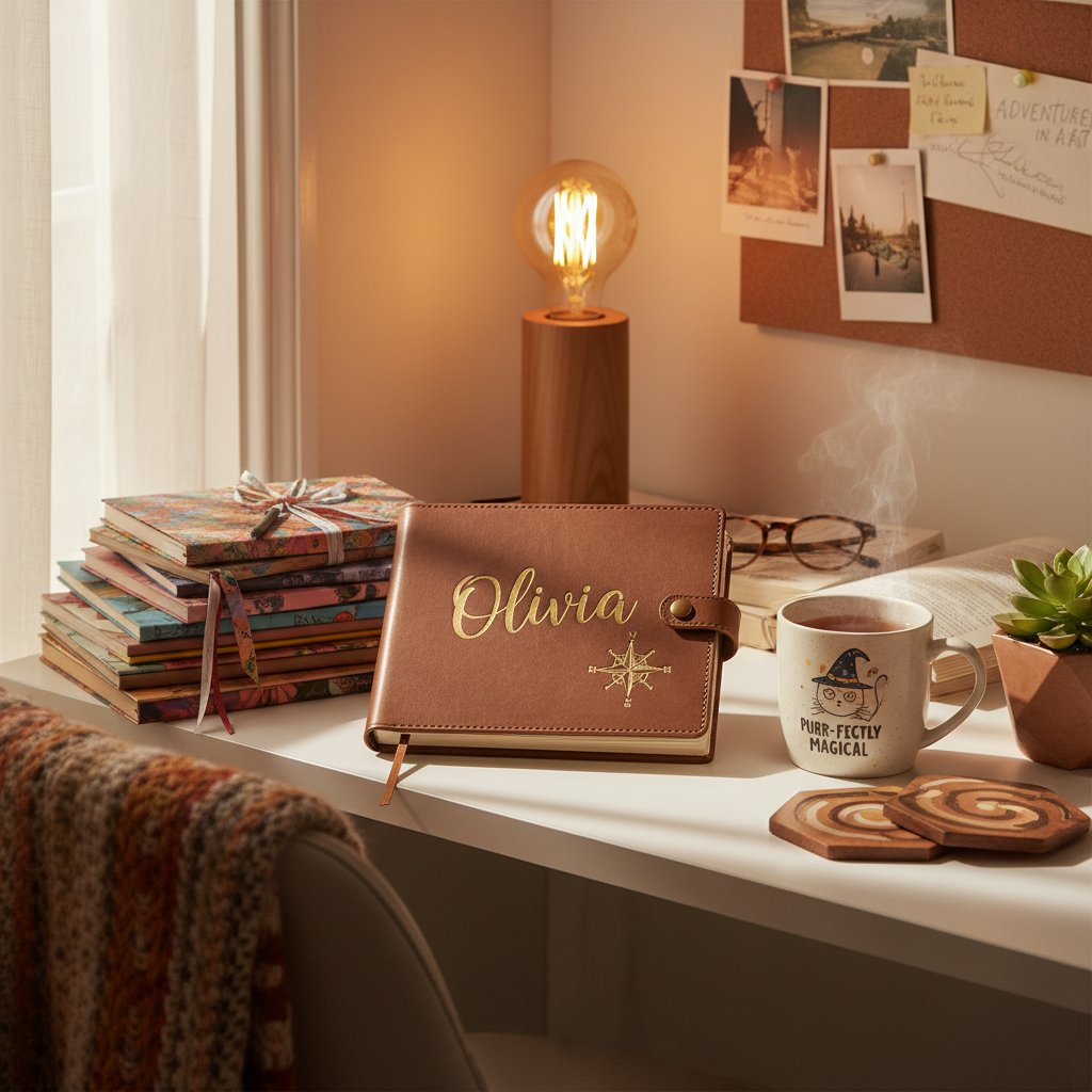 Personalizowany notes i kubek na biurku w klimatycznej aranżacji, kreatywne prezenty