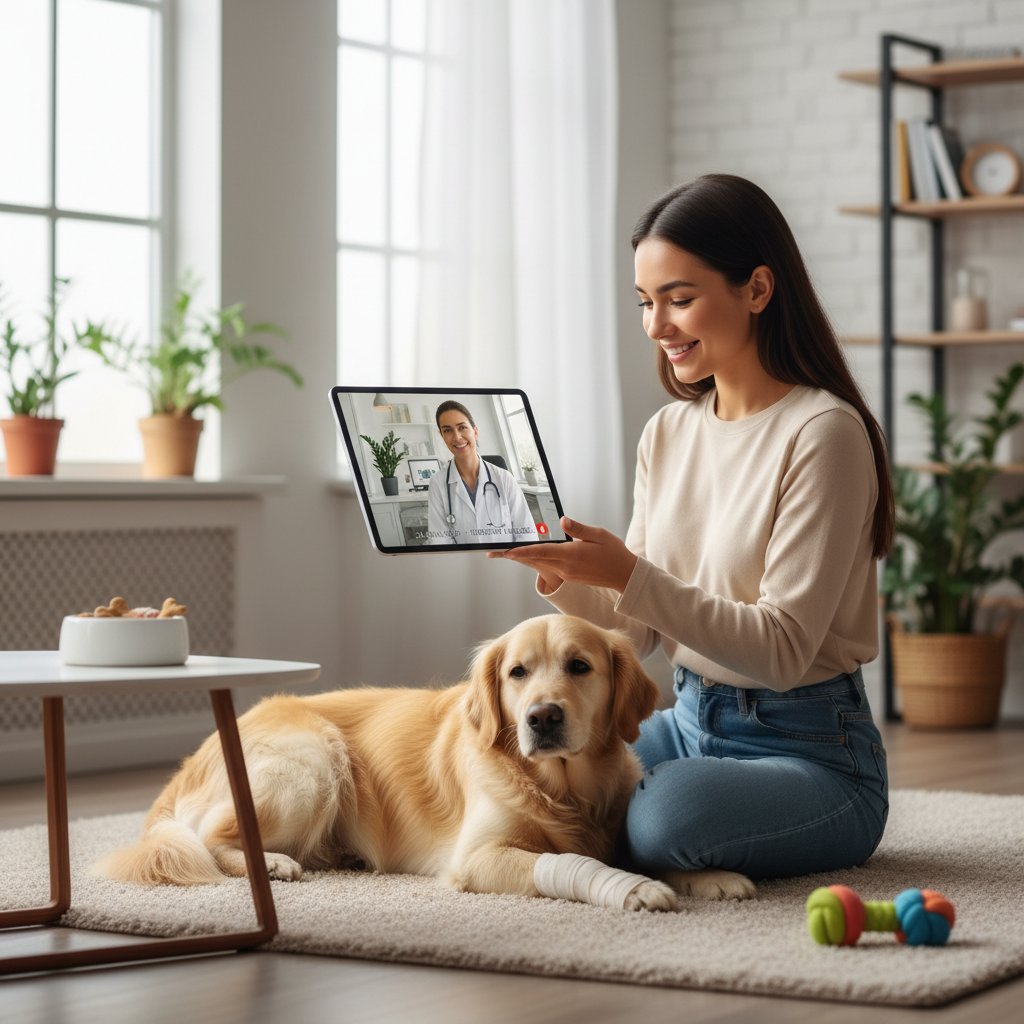 Właściciel zwierzęcia podczas zdalnej konsultacji z weterynarzem