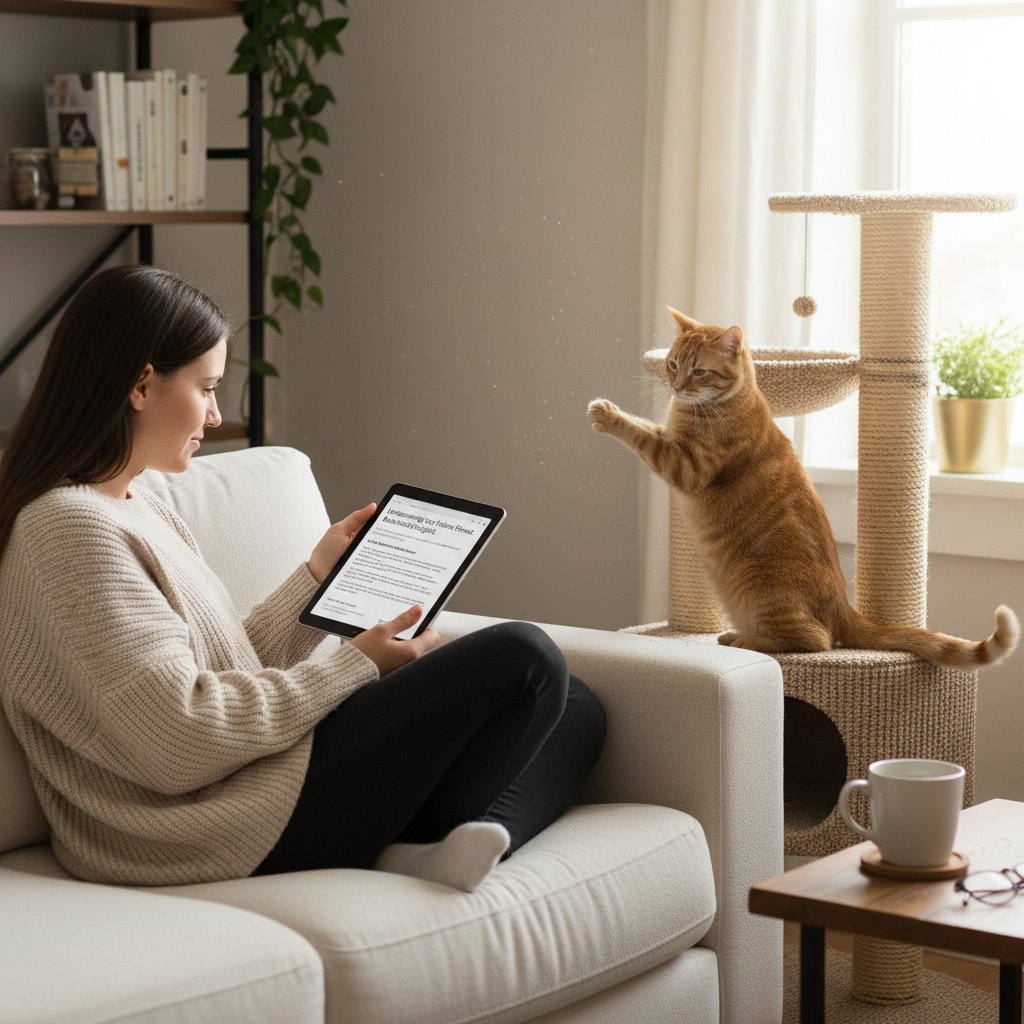 Opiekun czyta artykuł na temat drapania kota na laptopie – edukacja i wsparcie online