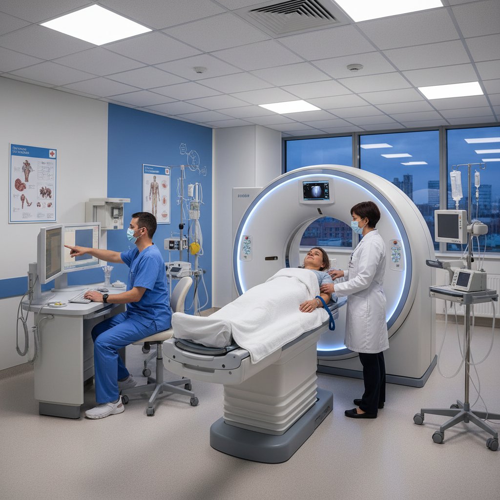 Nowoczesny skaner PET/CT, personel przygotowujący pacjenta do badania