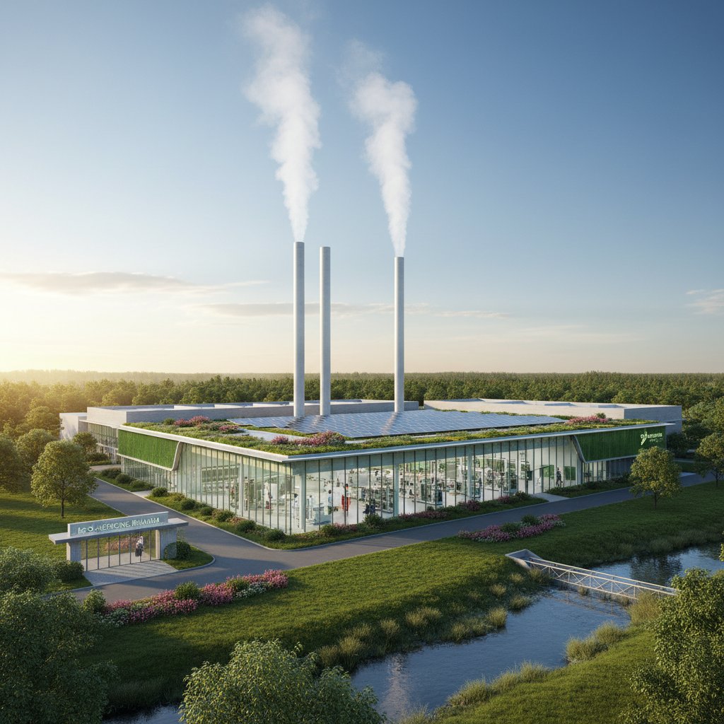 Fabryka farmaceutyczna, kominy, ekologiczne filtry, słowa kluczowe: produkcja leków, ekologia, przemysł farmaceutyczny