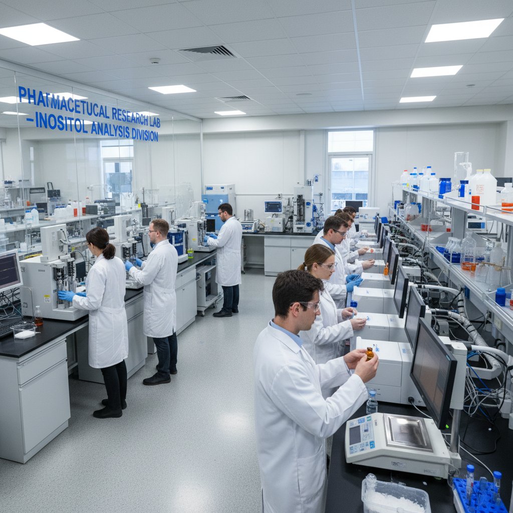 Zdjęcie laboratorium farmaceutycznego z nowoczesnym sprzętem i naukowcami analizującymi próbki inozytolu