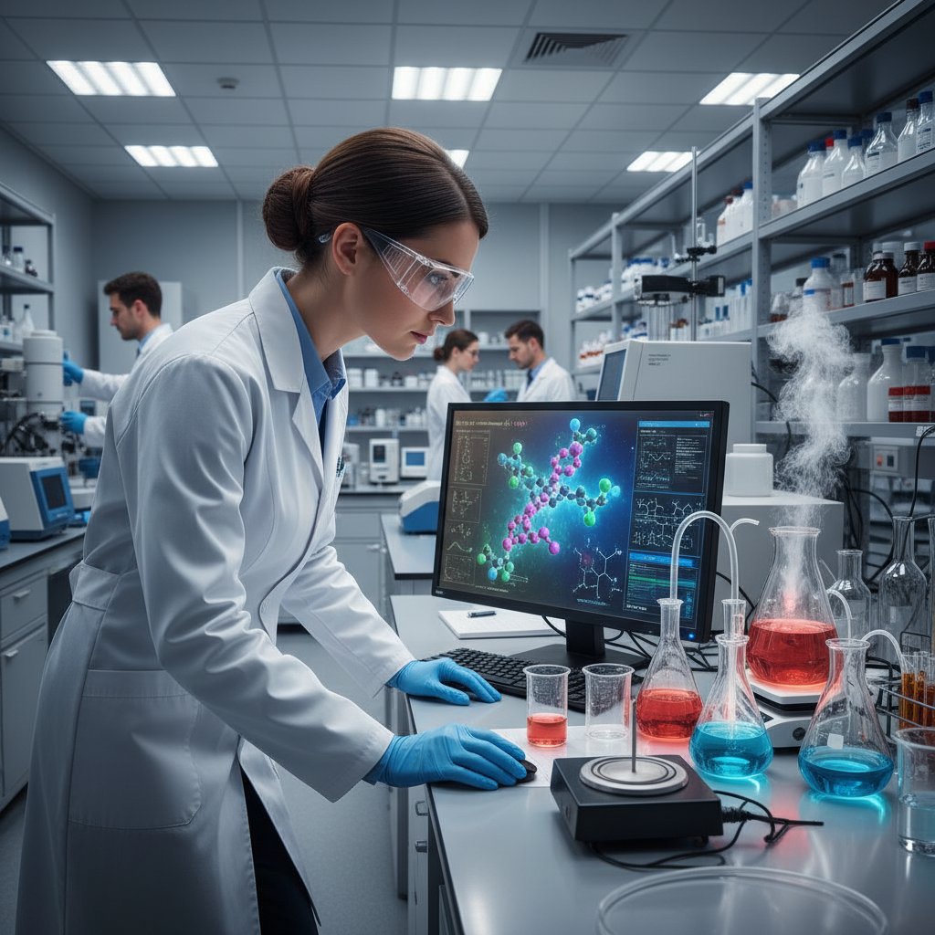 Laboratorium farmaceutyczne, naukowiec analizuje strukturę molekularną leku na ekranie komputera, praktyczne zastosowanie chemii