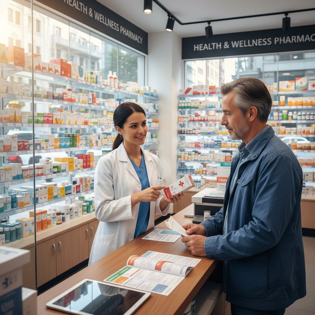 Stół z różnymi opakowaniami leków, farmaceuta doradza pacjentowi, słowa kluczowe: wybór leku, konsultacja farmaceutyczna, apteka