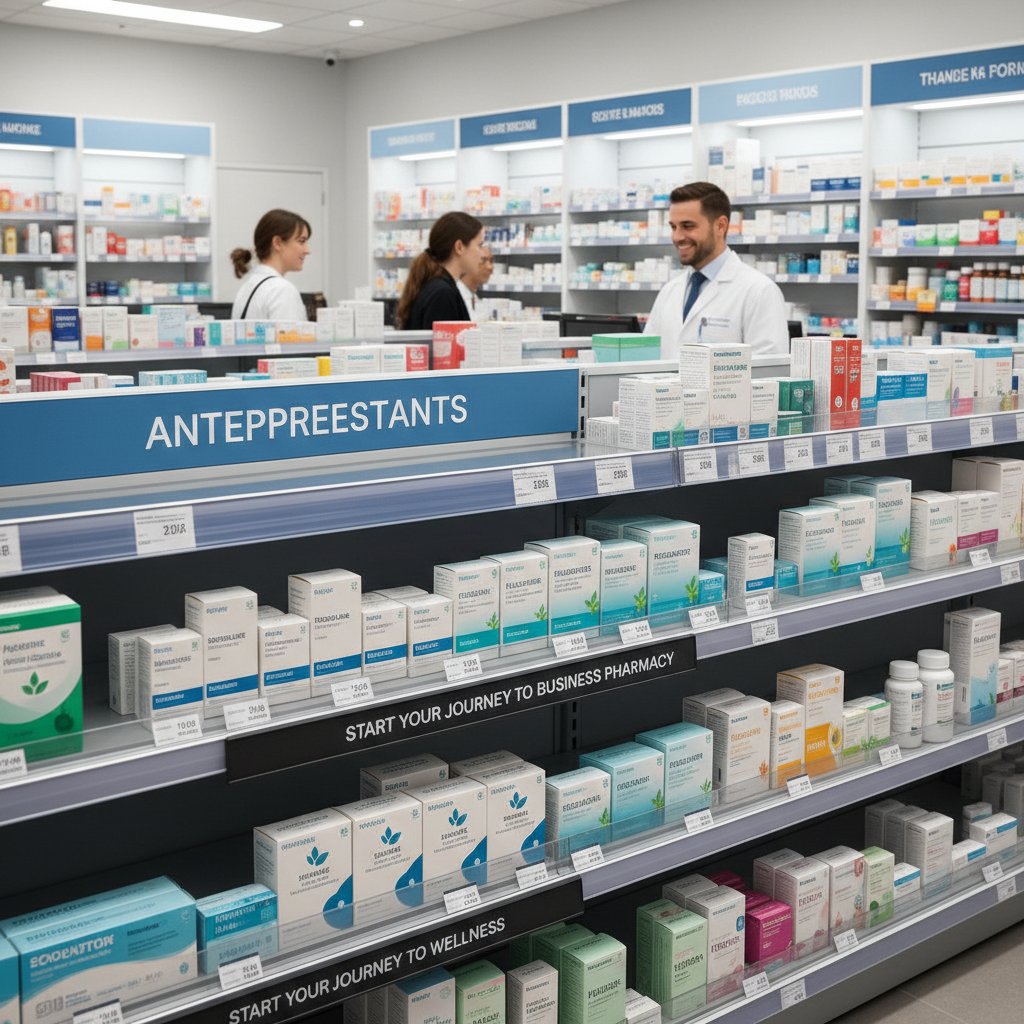 Półka w aptece z lekami, etykiety cenowe, pracownik apteki w tle