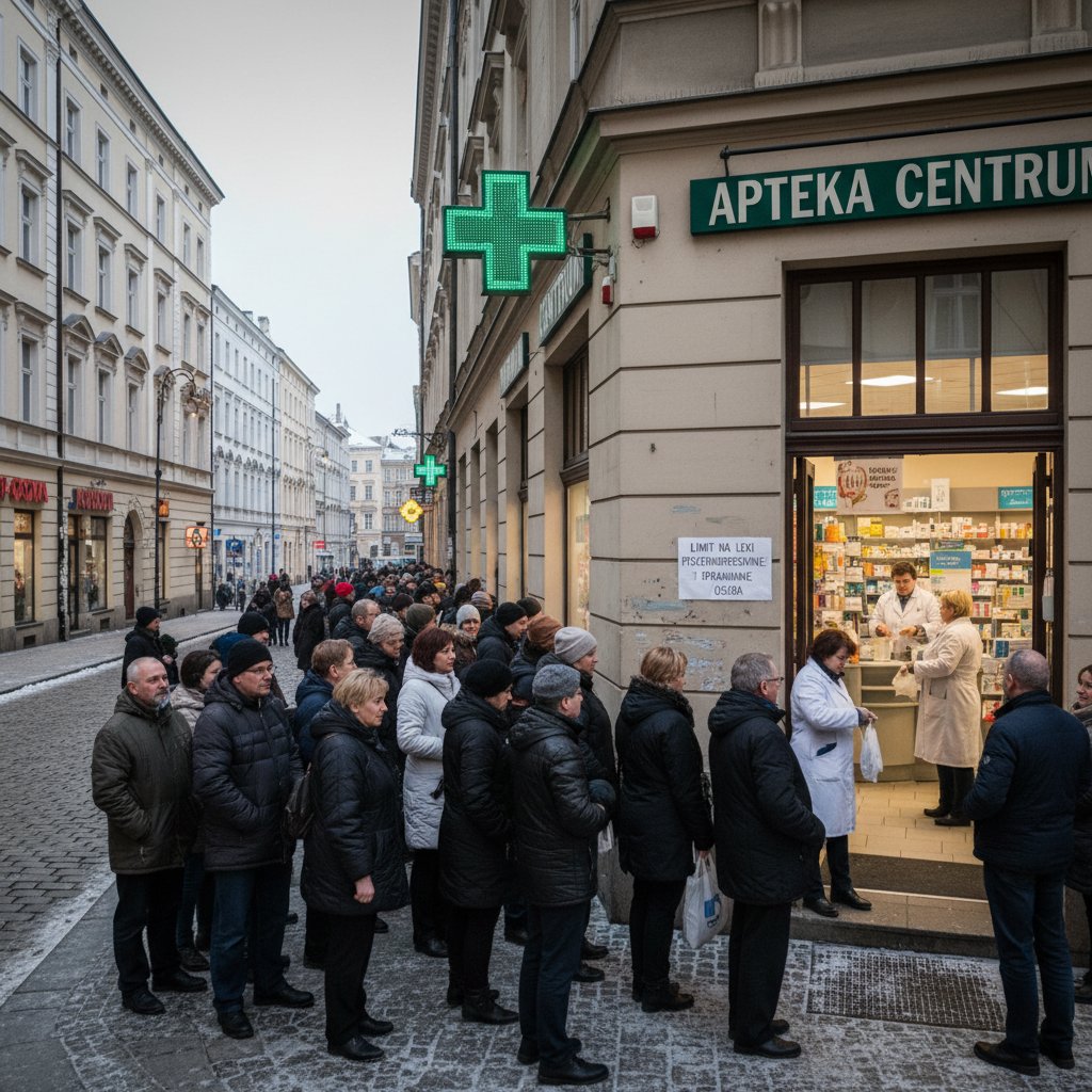 Zdjęcie apteki z długą kolejką – symbolizujące rosnącą popularność leków antydepresyjnych w Polsce